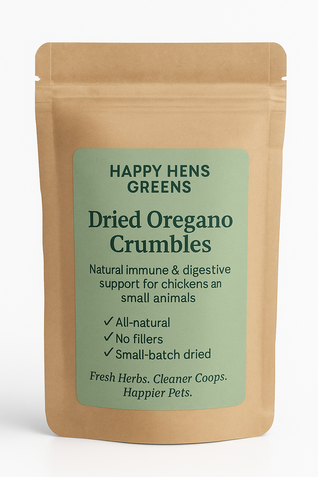 Package of Happy Hens Greens Dried Oregano Crumbles on a white background