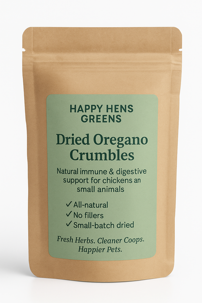 Package of Happy Hens Greens Dried Oregano Crumbles on a white background