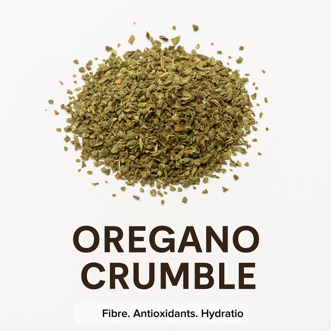 Greek oregano crumbles for pets and poultry – natural and chemical-free.